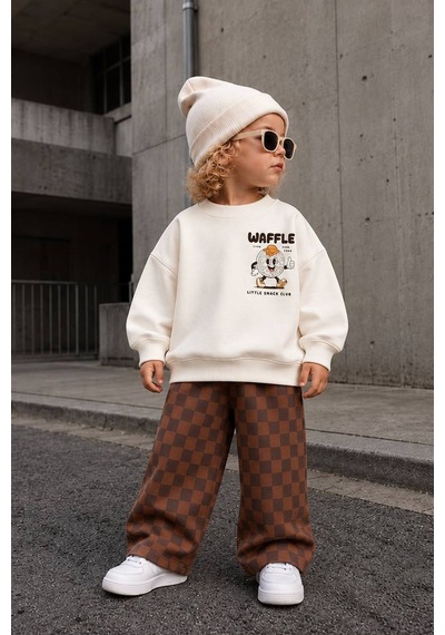 Monila Erkek Çocuk 3 İplik Pamuklu Ekru Waffle Baskılı Sweatshirt Ve Kahverengi Kareli Alt Üst Takım