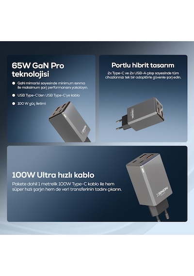 Hızlı Şarj Adaptörü 65w Gan + Type-c Kablo 100w Pd 4 Port, Apple iPhone & Samsung Uyumlu X6425