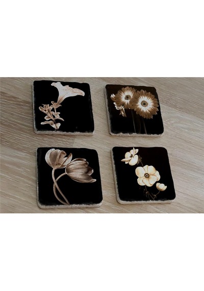 Siyah Zemin Lale Gerbera Ve Çiçekler Doğal Taş Bardak Altlığı 4'lü Set - Natural Stone Coasters - Taş Siyah
