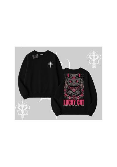 Tarzsokak Lucky Cat Japon Tarzı Kedi Baskılı Biskilet Sweatshirt Siyah