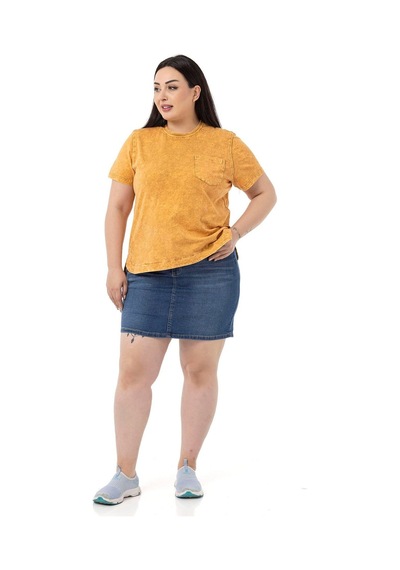 Disentis Büyük Beden Parça Boyalı Bisiklet Yaka Kavisli Yırtmaçlı Hardal T-shirt-hardal Hardal