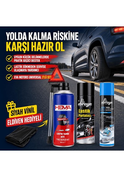 Eva Motors Universal 3 Lü Araç Bakım Ve Acil Durum Seti Siyah Vinil Eldiven li