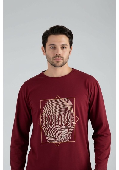 Lukitus Uzun Kol Sıfır Yaka Pamuklu Erkek Pijama Takımı Bordo Vlknekose Bordo