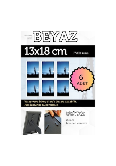 Beyaz-6 Adet Pvc Li 13x18 Cm 22mm Bombeli Çerçeve Fotoğraf Resim Çerçevesi Ayaklı Veya Duvara Asma Yatay-dikey