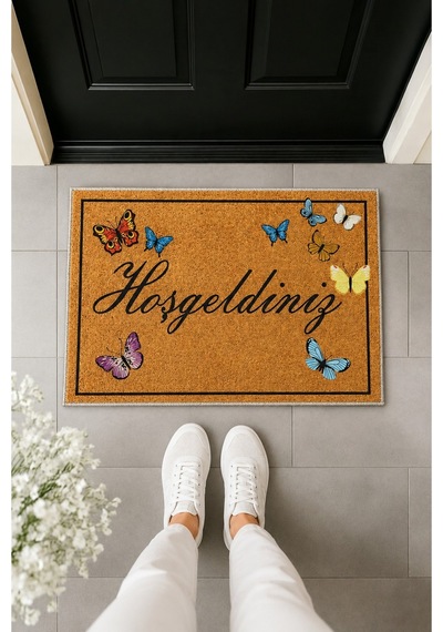 Kelebek Figürlü Hoşgeldiniz Retro Tasarım Dekoratif Kapı Önü Paspası 40x60cm Çok Renkli