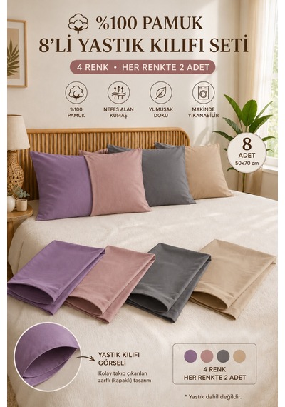 Formeya Ranforce %100 Pamuk Yastık Kılıfı 8 Adet 50 x 70 Kapaklı