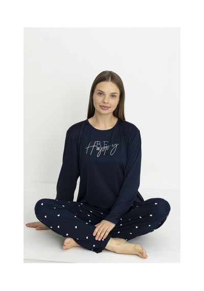 Estiva Kadın Kalp Alt Desenli Soft Uzun Kollu Pijama Takımı Lacivert