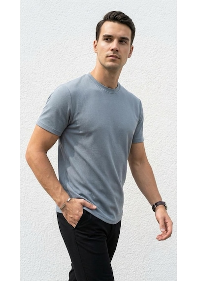 Plus Scorpion Erkek Slim Fit Basic Tişört Esnek, Terletmeyen Pike Dokulu Kumaş Mavi