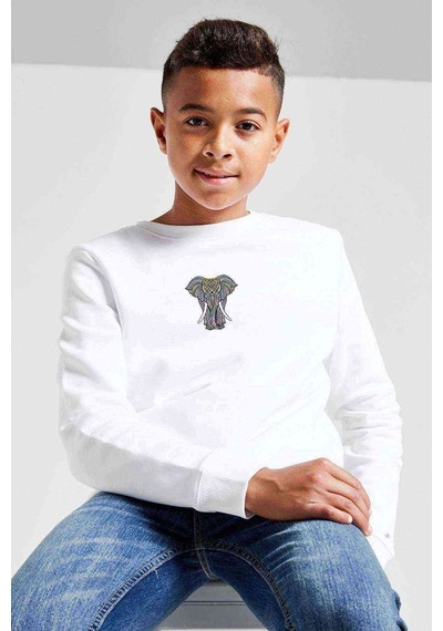 Tshirthane Line Art Elephant Baskılı Unisex Çocuk Beyaz Sweatshirt