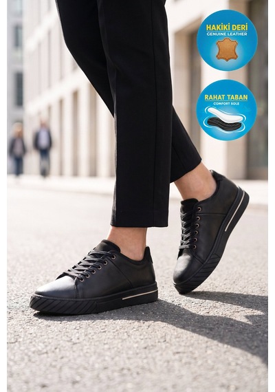 Ayakmod Siyah Hakiki Deri Bağcıklı Rahat Tabanlı Erkek Casual Ayakkabı Sneaker 165