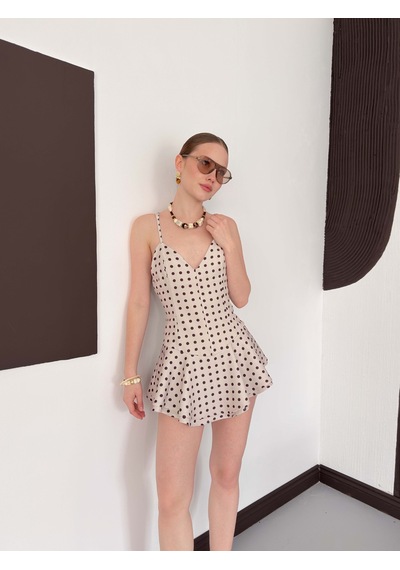 Verymoda Puantiyeli Askılı Mini Elbise D3003 Taş Kahve