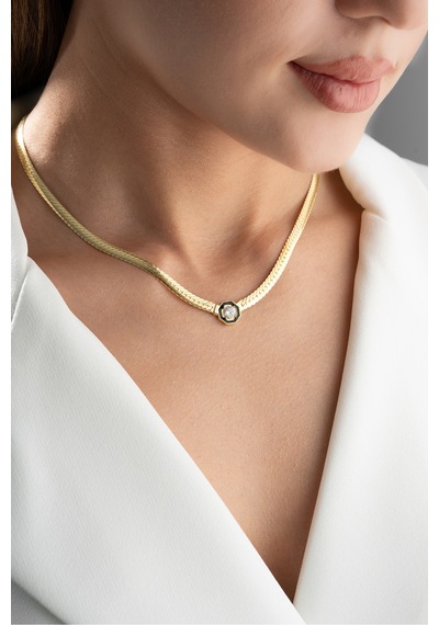 Çekirdekjewelry 925 Ayar Gümüş Şık Zincir Kolye Balık Sırtı Model Zirkon Taşlı Sarı