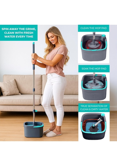 True Clean Paspas Ve Kova Sistemi, Kare Döndürmeli Paspas, Çift Bölmeli Paspas Kovası Ve 2 Kalın Makinede Yıkanabilir Paspas Pedleri Spin Mop İçerir