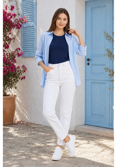 Layal My Beauty Jeannine Kadın Jeans Yüksek Bel Mom Boyfriend Dar Paça Denim Kot Pantolon Beyaz