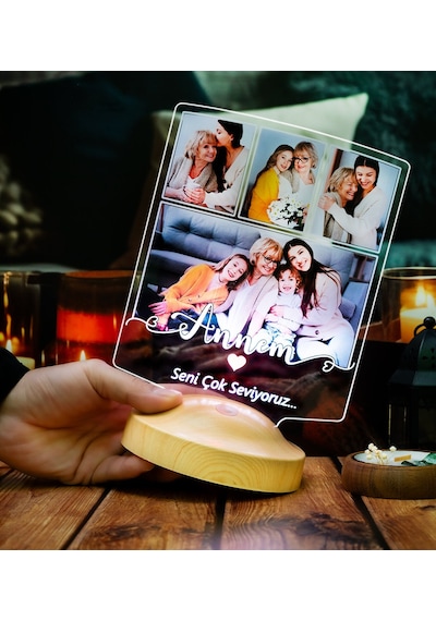 Anneye Hediye 4 Fotoğraflı Led Lamba Kişiye Özel Resimli Anneler Günü Hediyesi, Annem Yazılı Anlamlı Hediye