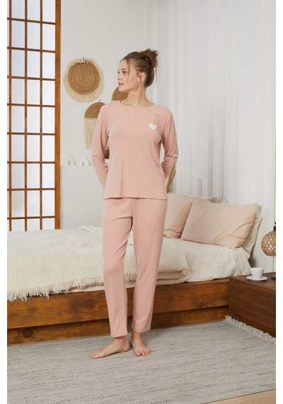 Siyah İnci Fitilli Örme Pijama Takım25226003 Somon