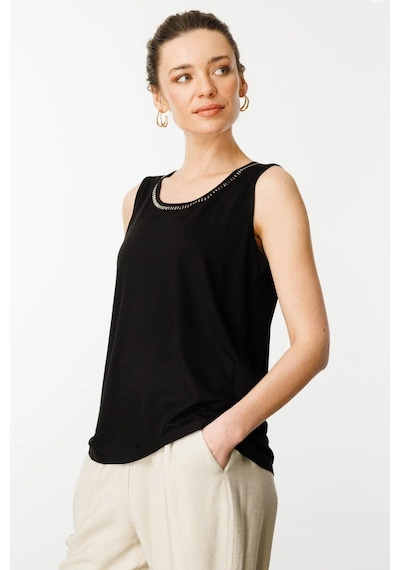 Desen Triko Kadın Sıfır Yaka Yakası Taşlı Askılı T-shirt 25755 Siyah Siyah