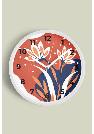 Soyut - Bohem Çiçek Modern Duvar Saati - 25cm - Önü Camlı Beyaz Kasa - Sessiz Mekanizma-jh0776 Beyaz