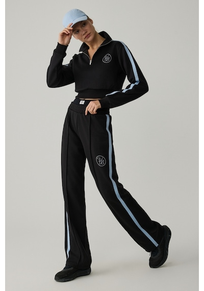 Urban Beat Helena Kadın Dik Yakalı Fermuarlı Küçük Baskı Motifli Crop Siyah Sweatshirt Siyah