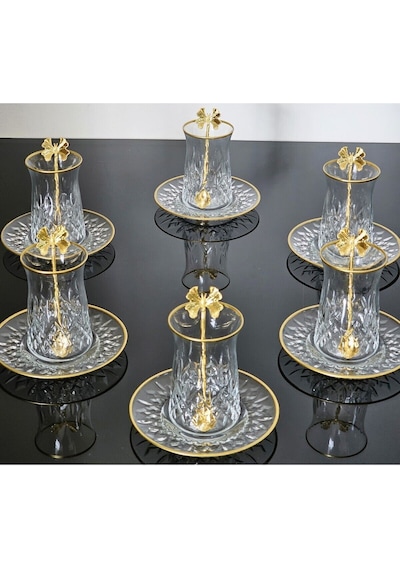 Atabey Home Collection 18 Parça Odin Çay Seti Kelebek Çay Kaşikli Cam Tabakli Gold Detayli Çok Renkli