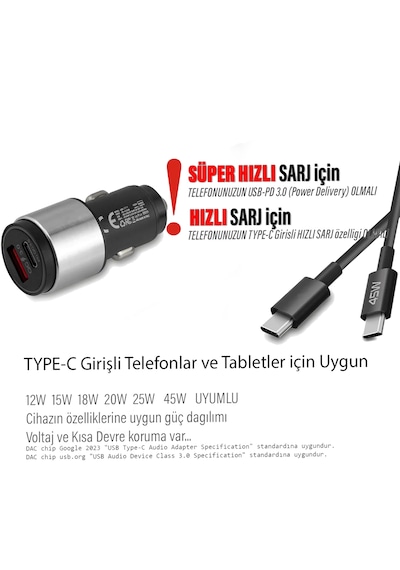 45w Hızlı Araç Şarj Aleti Type C Telefonlar İçin 45w Hızlı Araba