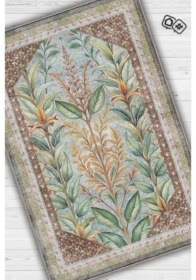 Homshtag Art Deco Ada Çayı Bitki Temalı Soft Yeşil Renkli Etnik Desenli Dijital Baskılı Çiçekli Halı Çok Renkli