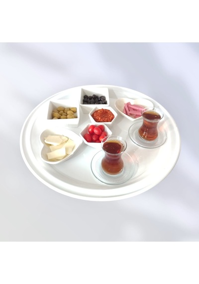 Metal Sini Tepsi Kahvaltı Çay Kahve Sunum Tepsisi 50 Cm Yuvarlak Beyaz