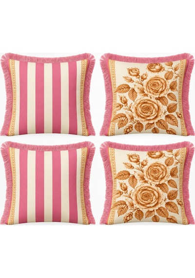 Vintage Gül Desenli Pembe Çizgili 4'lü Saçaklı Kırlent Kılıfı Kom 45 x 45