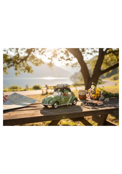 Klasik Işıklı Sesli Metal Araba Yeşil Valizli Retro Beetle - 15 Cm