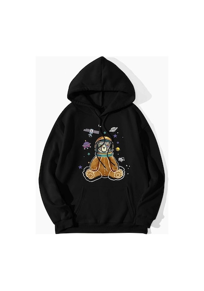 Altamira Unisex Siyah Astronot Ayı Baskılı Oversize Kapşonlu Sweatshirt 001