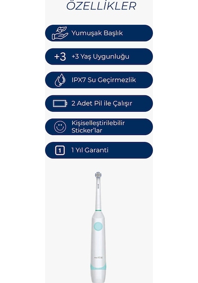 Çocuk Pilli Diş Fırçası Sticker Setli, Yumuşak Uçlu, Ipx7 Su Geçirmez
