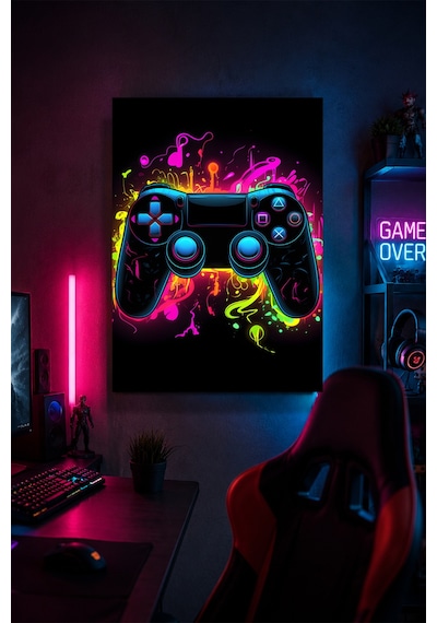 Gaming Kumanda Metal Duvar Tablosu Neon Oyuncu Odası Duvar Dekor 20x30 Cm A4 Boyutunda