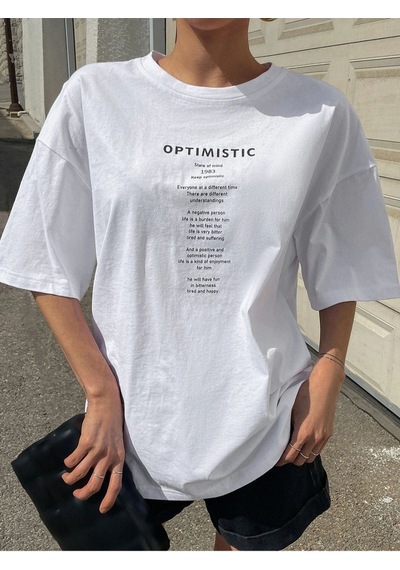 Flood Of Style Kadın Beyaz Optımıstıc Baskılı Oversize Bisiklet Yaka Tshirt