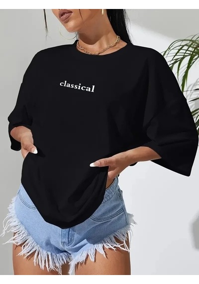 Kadın T-shirt Penye Compack Classical Baskılı Kısa Kol Tişört - Siyah