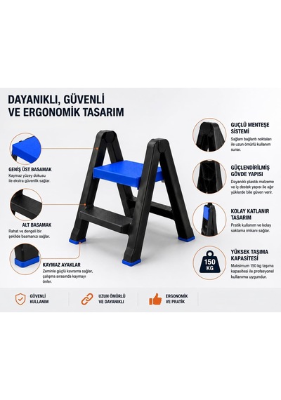 2 Basamaklı Katlanabilir Merdiven, Ağır Hizmet Tipi Kaydırmaz Basamaklı Plastik Portatif Merdiven, Ev Mutfak Depo Atölye İş Yeri İçin Katlanır Basamak Belirtilmemiş