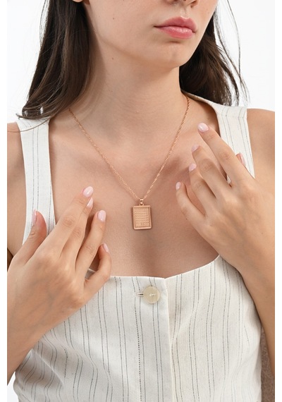 925 Ayar Gümüş Rose Singapur Zincirli Ayetel Kürsi Yazılı Plaka Kolye Barcode Rose Gold
