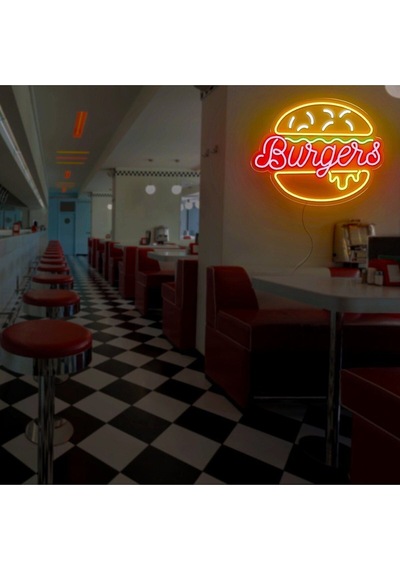 Burgers Yazılı Ve Şekilli Neon Tabela Çok Renkli
