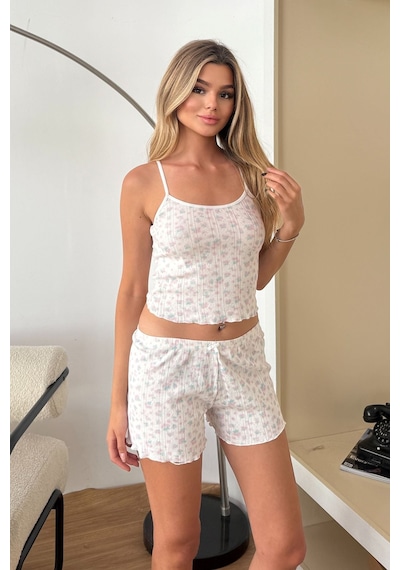 Giysa Kadın Askılı Çiçek Desenli Şortlu Pijama Takımı Beyaz Mini Çiçek - 3300