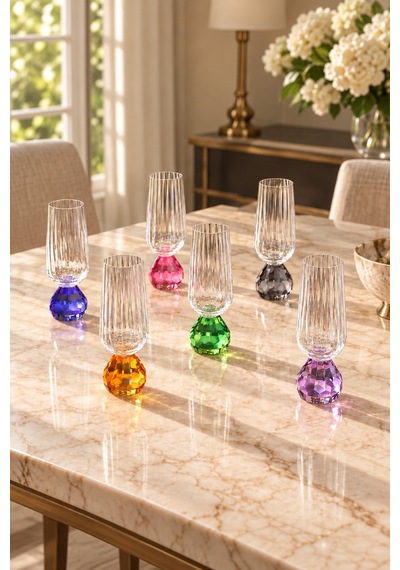 Toygar Asorti Renkli Kristal Top Ayaklı Çizgili Cam Kadeh 180 Cc 6'lı Set Çok Renkli