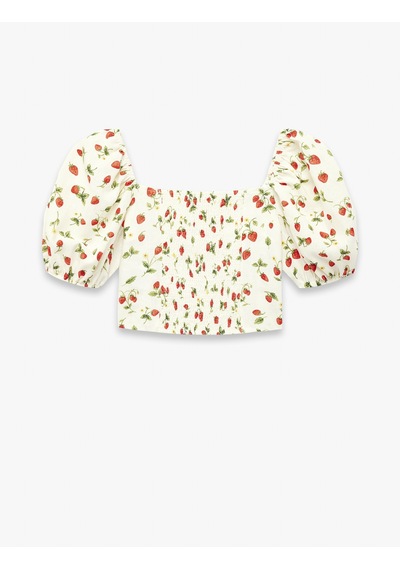 Koton Keten Viskon Karışımlı Gipeli Slim Fit Poplin Kare Yaka Crop Balon Kollu Çilek Desenli Bluz Kırmızı Desenli 6skg60004aw