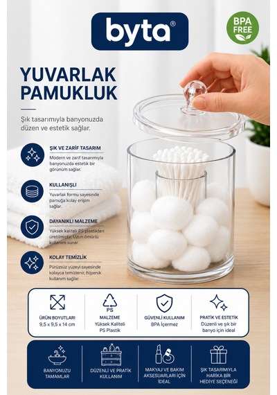 Kapaklı Şeffaf Yuvarlak Pamukluk Banyo Ve Makyaj Organizeri Şeffaf