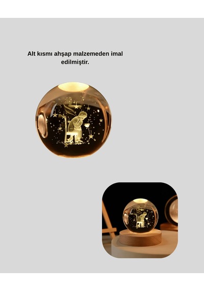 Büyük Boy Küçük Prens Temalı Işıklı Cam Küre Ahşap Standlı
