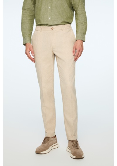 Morven Erkek Taş Keten Trend Desenli Lastikli Slim Fit Pantolon 26ys003003870 Taş