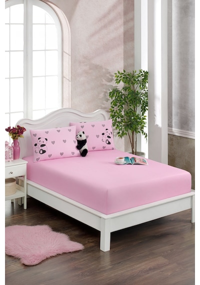 Valezium Pembe Panda Baskılı Kumaş Lastikli Fıtted Yastıklı Çarşaf Seti 100x200 Pembe Siyah