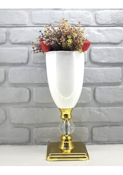 Modern Dekoratif Kristal Taşlı Gold Kare Ayaklı Taşlı Beyaz Vazo Altın - Beyaz