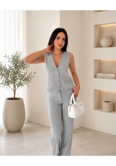 İkales Yelek Pantolon İkili Takım Çizgili Şık Modern Kadın Gri