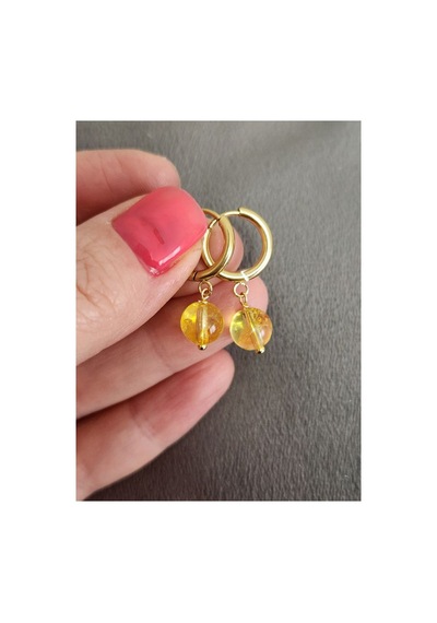 Sitrin Taşı Gold Çelik Halka Küpe Doğaltaş Halka Küpe Sarı