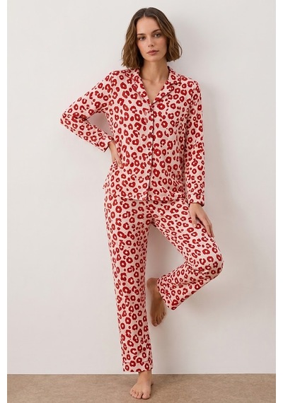 Fit Women Kadın Gömlek Yakalı Uzun Kollu Kırmızı Pijama Seti