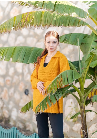 Gömlek Yaka Oversize Basic Kazak Hardal