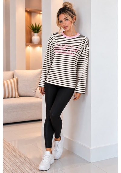 Lima Pembe Kadın Çizgili Sweatshirt Kırmızı Yaka Detaylı Yazı Baskılı Oversize Uzun Kollu Sweat Lima Pembe Kadın Çizgili Sweatshirt Kırmızı Yaka Detaylı Yazı Baskılı Oversize Uzun Kollu Sweat